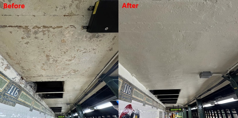 Before and after photos of repainted ceiling at 116 St station on the 6 line
