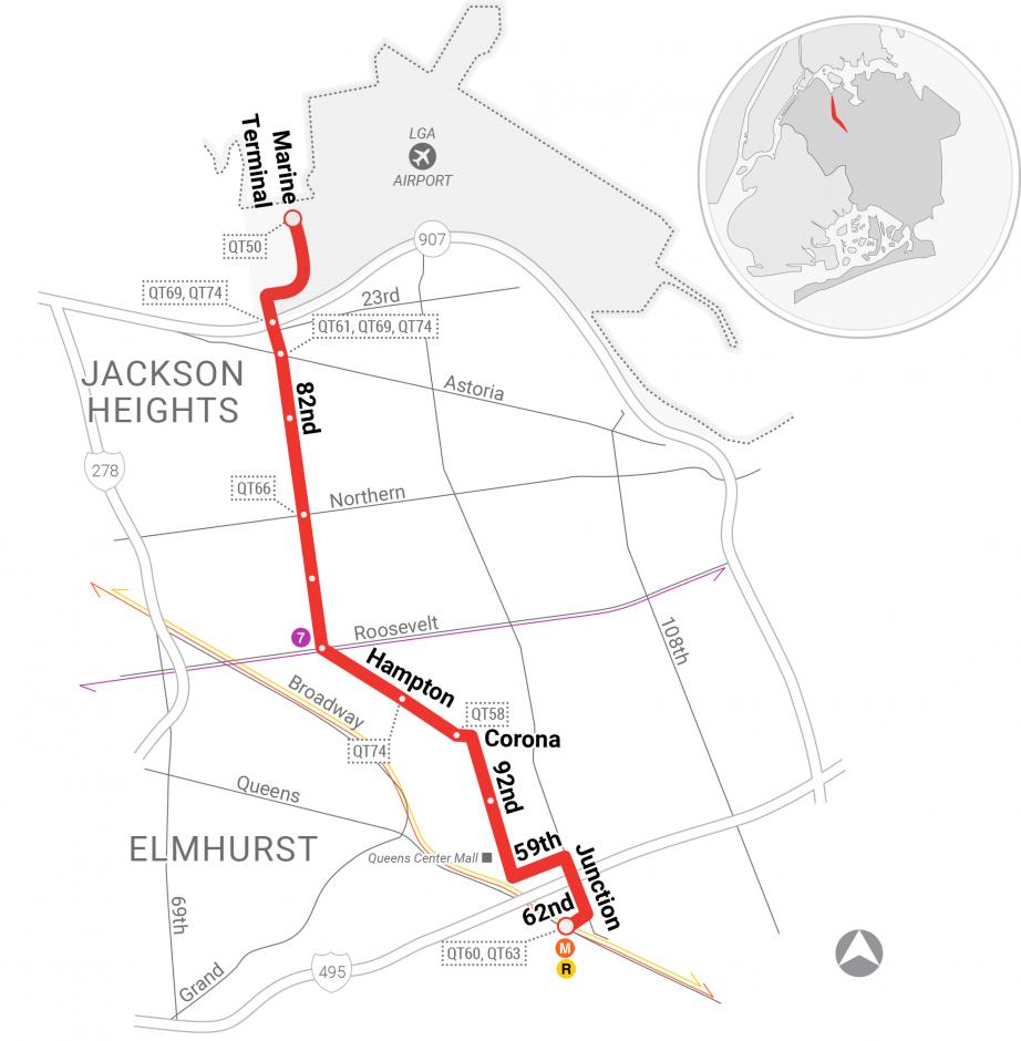 A map depicting the proposed route for the QT10 Jackson Heights-Elmhurst