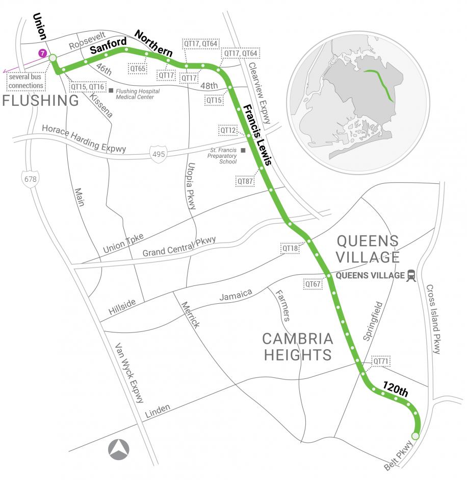 A map depicting the route for the QT73 Francis Lewis Boulevard