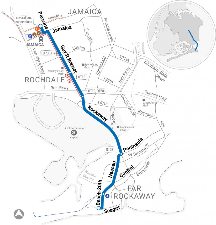 A map depicting the proposed route for the QT13 Jamaica-Far Rockaway