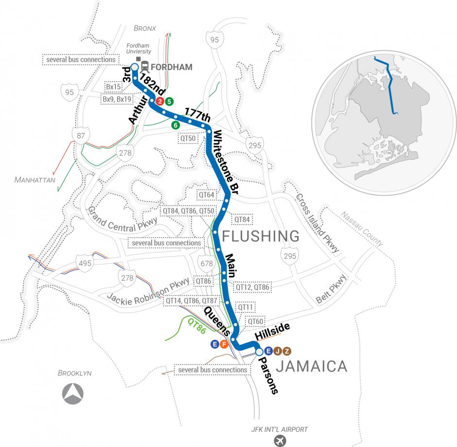 A map depicting the route for the QT44 Fordham-Jamaica