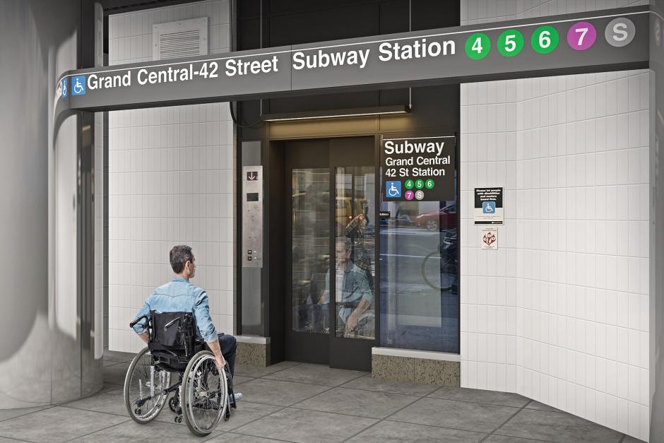 A 3D rendering of a new elevator that provides access to all lines convering at Grand Central Station on 42 St