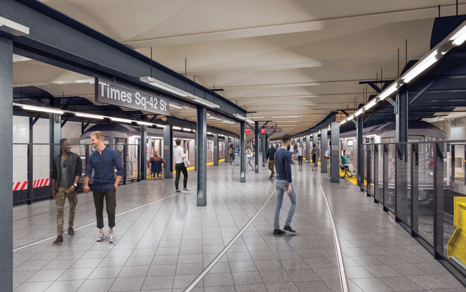 A 3D rendering of the rebuilt 42 St Shuttle platform at Times Square