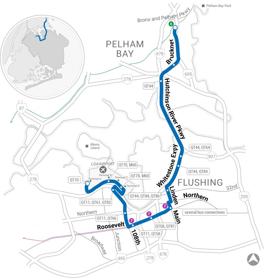A map depicting the route for the QT50 Pelham-LGA