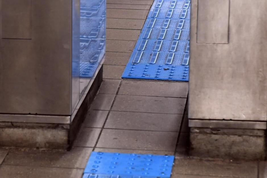 Raised bars of tactile guideway with raised domes on each side of a turnstile. there is no tactile guidance under the turnstile itself. 