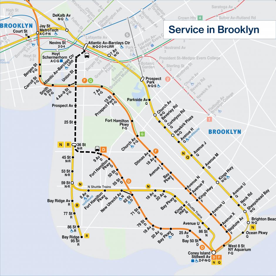 Map of subway service and shuttle bus in Brooklyn
