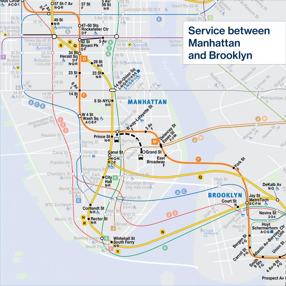 Map of subway service options between Manhattan and Brooklyn