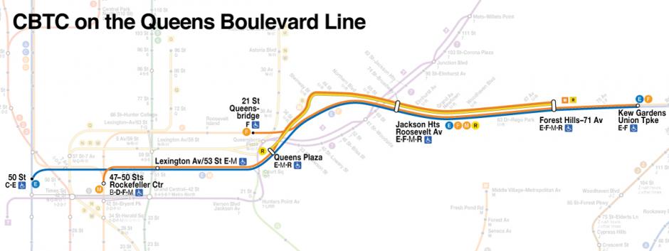 A map showing the subway lines in Queens that will have new, modern signals. All EFMR trains will have modern signals in Queens east of 71 Av.