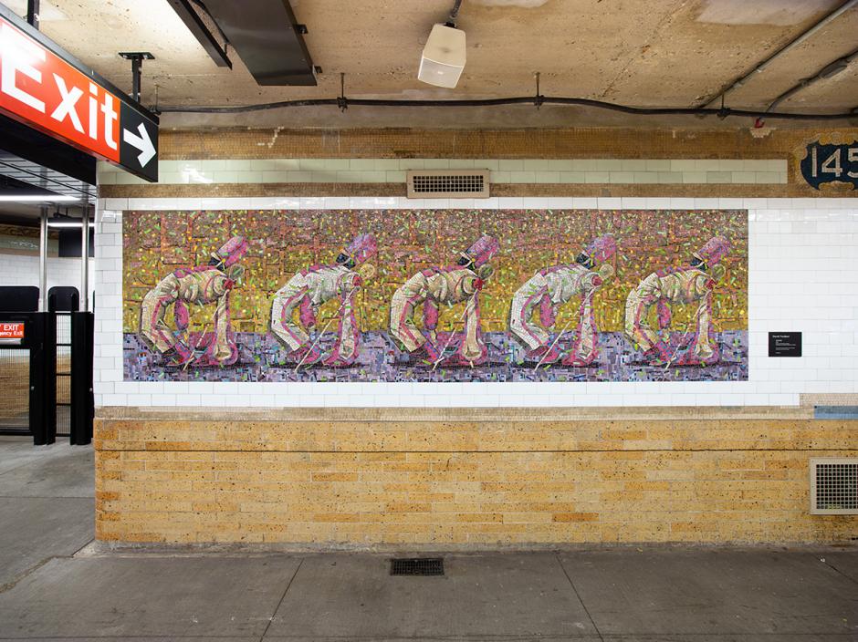 Photo of mosaic artwork panel on station wall depicting five Black men in band uniforms bending backwards in front of yellow and purple background and confetti throughout.