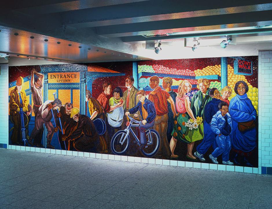Artwork in glass mosaic by Jack Beal showing an active scene of figures gathered by the subway entrance.