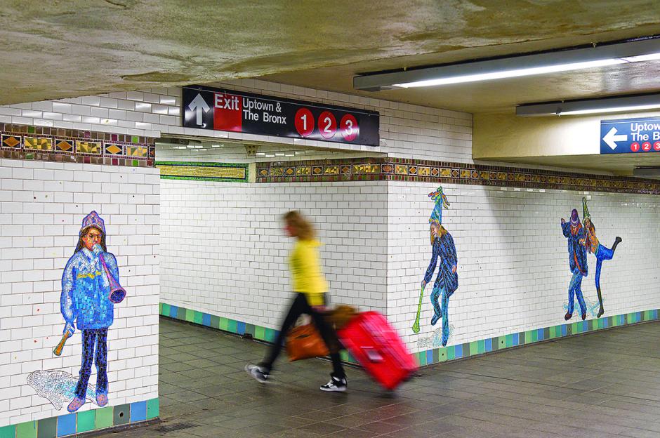 Artwork in glass mosaic by Jane Dickson showing 70 expressive life size figures throughout the lower mezzanine and 41st Street passage in the Times Square station complex.