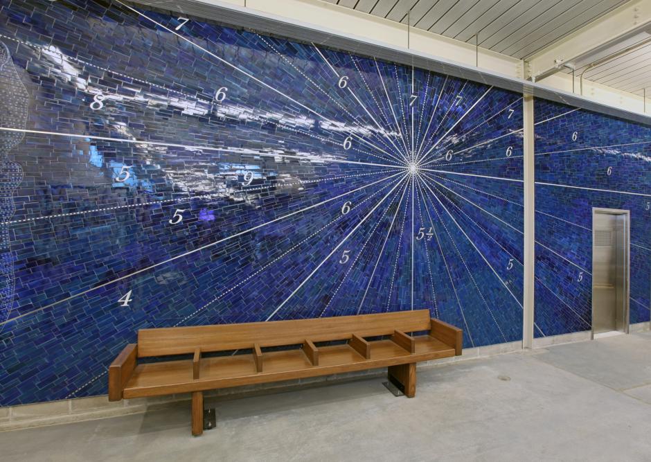 Artwork in mosaic, glass and metal by Alyson Shotz showing historic and nautical maps. 