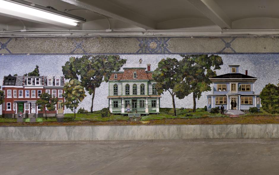 Artwork in mosaic by Amy Bennett showing people, houses and trees in Bay Ridge, Brooklyn. 