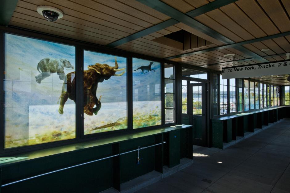 Artwork in laminated glass by Holly Sears showing animals in and out of water. 