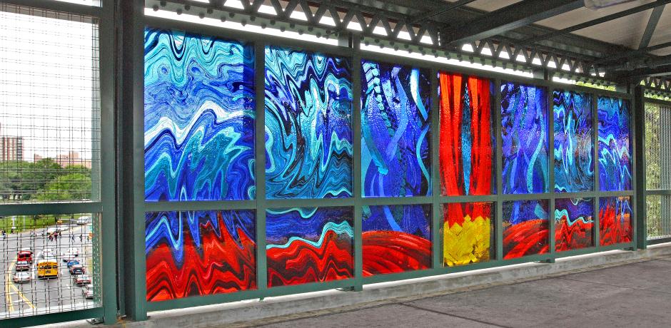 Artwork in fused glass by Corinne Grondahl showing abstract panels of large brushstrokes and movement in reds, blues and whites.