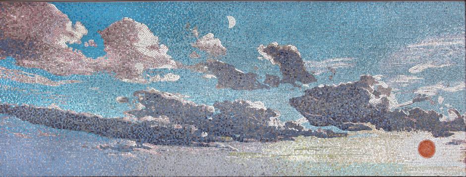Artwork in glass mosaic by Ellen Harvey showing the sky at different times of day and night.