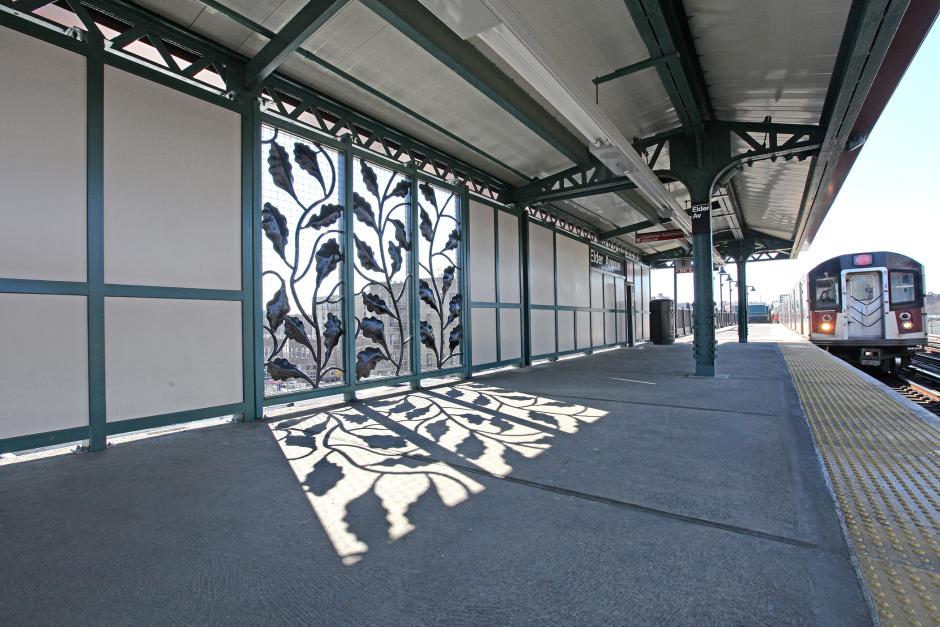 Artwork in wrought steel by Jean Whitesavage and Nick Lyle showing sculptural grilles in leaf patterns.