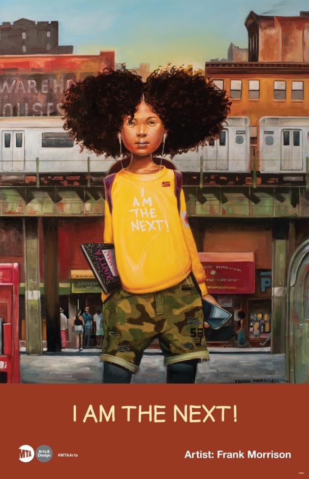 An illustrated poster featuring artwork by Frank Morris that depicts a young girl in a backpack with an elevated train in the background.
