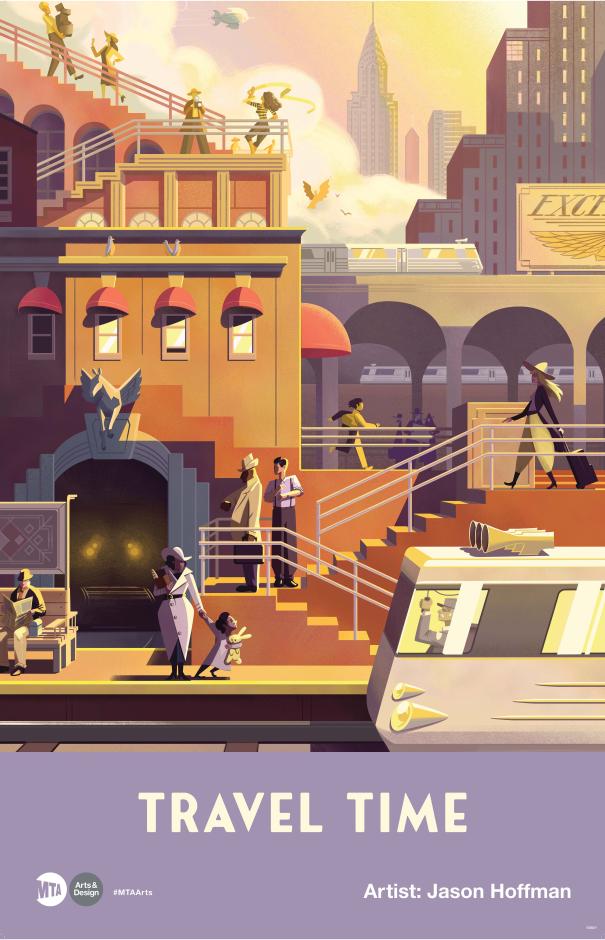 An image of an illustrated poster featuring artwork by Jason Hoffman. The design depicts a train platform in late morning with various people coming and going as a train arrives at the station.