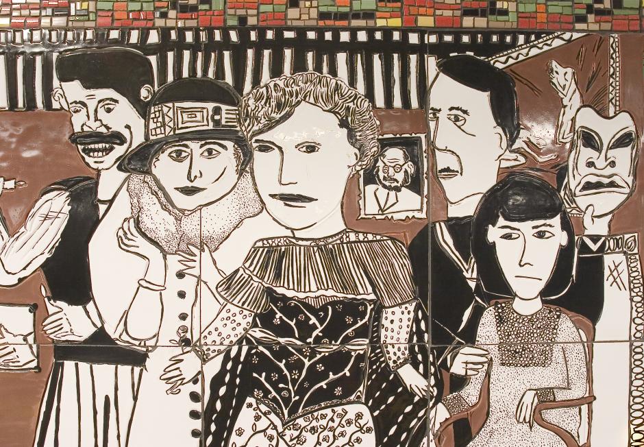 Artwork in ceramic mosaic by Lee Brozgol showing historical figures in action. 