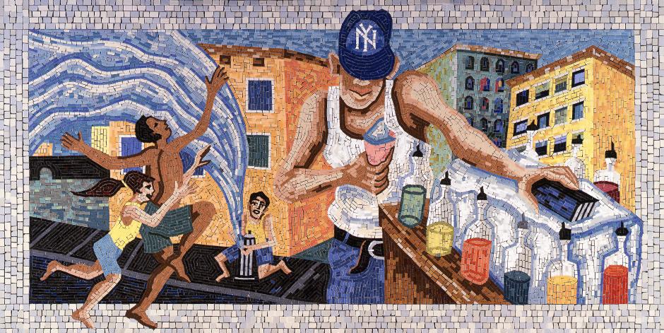 Artwork in mosaic by Manny Vega showing imagined people and street scenes around 110th Street.
