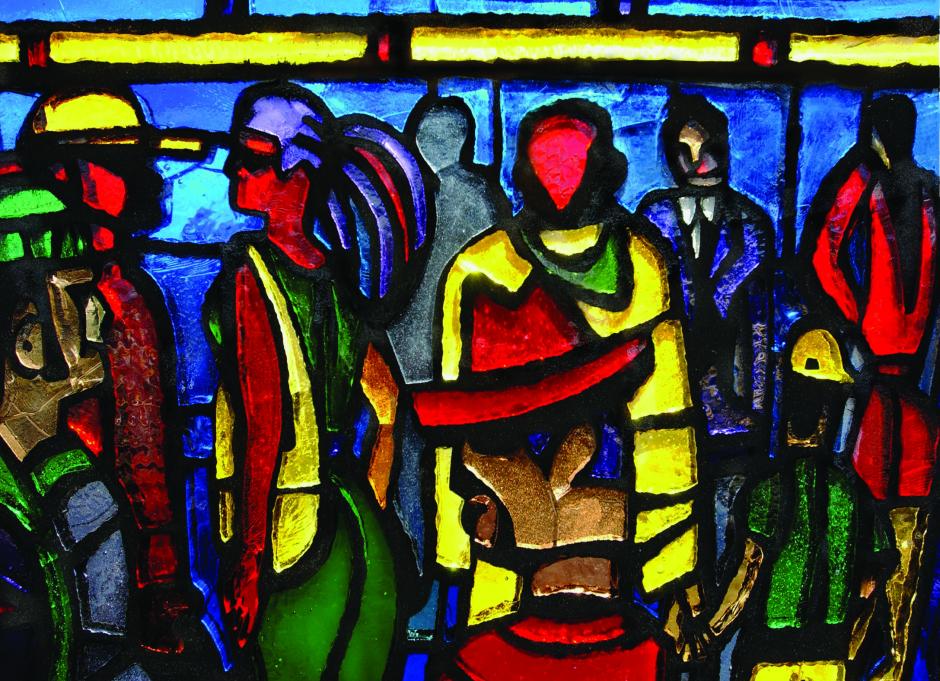 Artwork in faceted glass by Chris Wade Robinson showing colorful scenes of people interacting on trains and within the urban environment.  