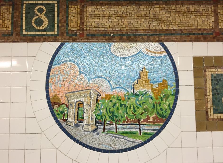 Artwork in glass mosaic by Timothy Snell showing 40 circular shapes that show scenes and historic sites of the neighborhood.  