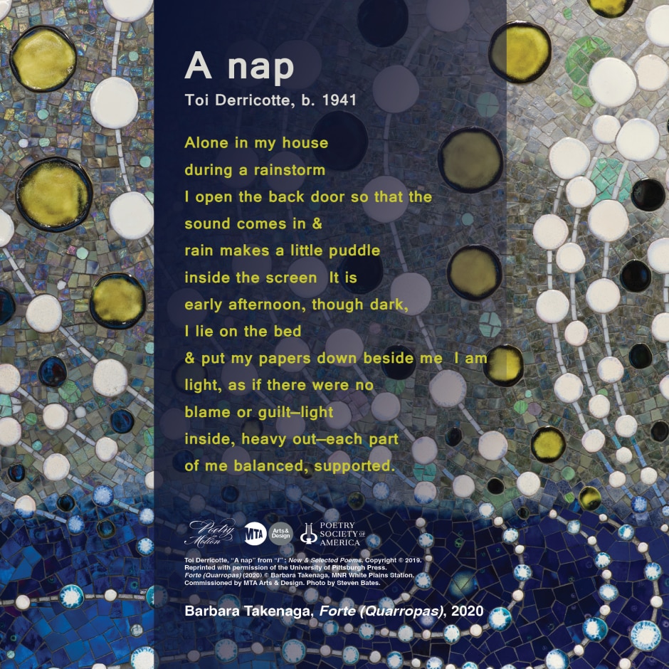 This is a square image of a poster featuring abstract artwork by Barbara Takenaga with an overlay of text from the poem, "A nap" by Toi Derricotte.