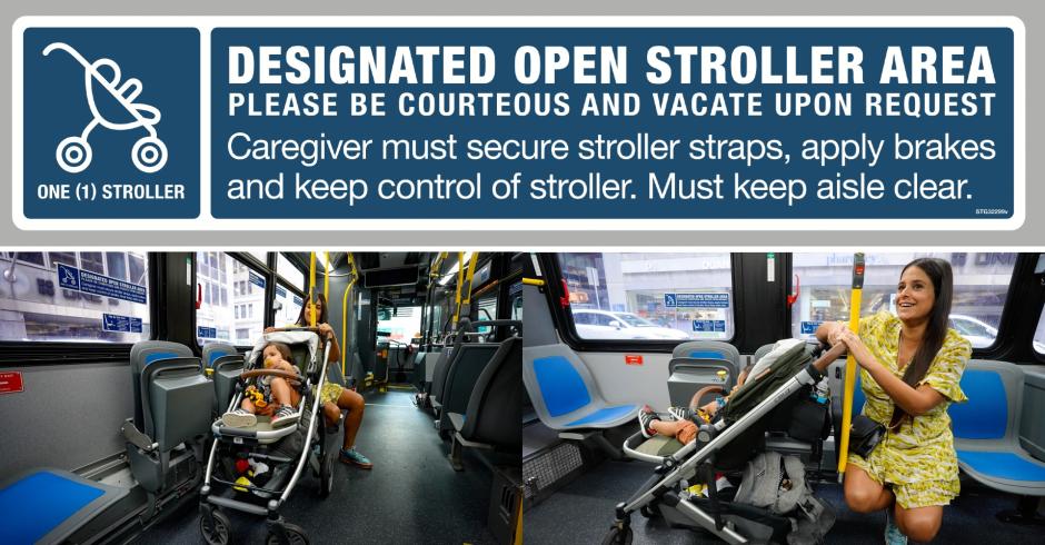 An example of the Designated Open Stroller Area decal is above side-by-side photos of a child in a stroller, using the area, and a mother, seated in the next seat, controlling the stroller.
