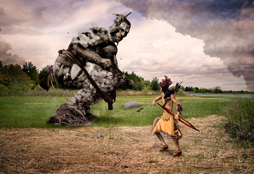 A photograph of a vast plain with a giant made of flint rock facing off with a Lenape person in traditional clothing.