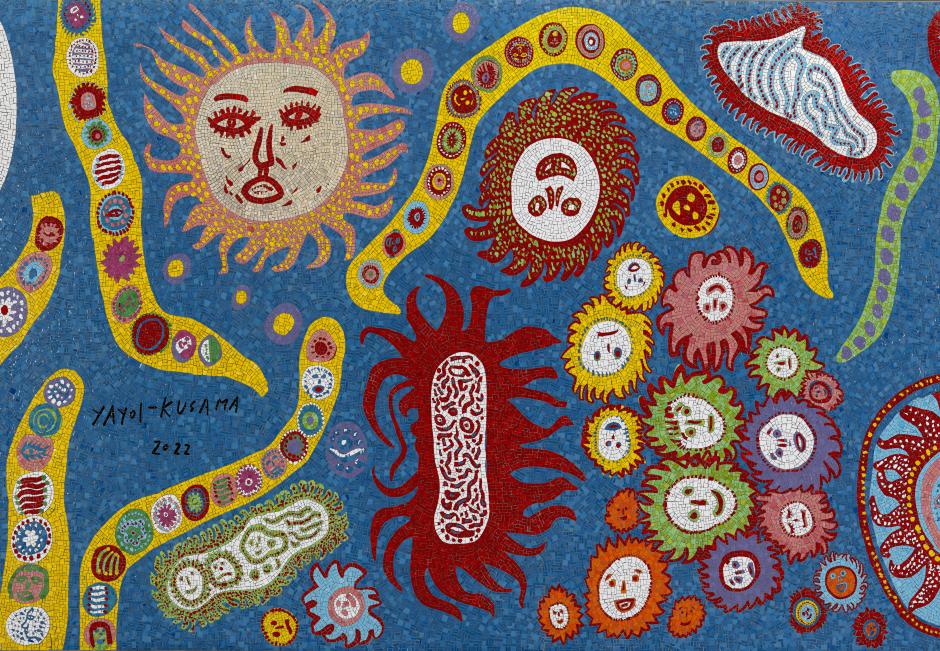 An image depicting a mosaic artwork with many amoeba like faces.