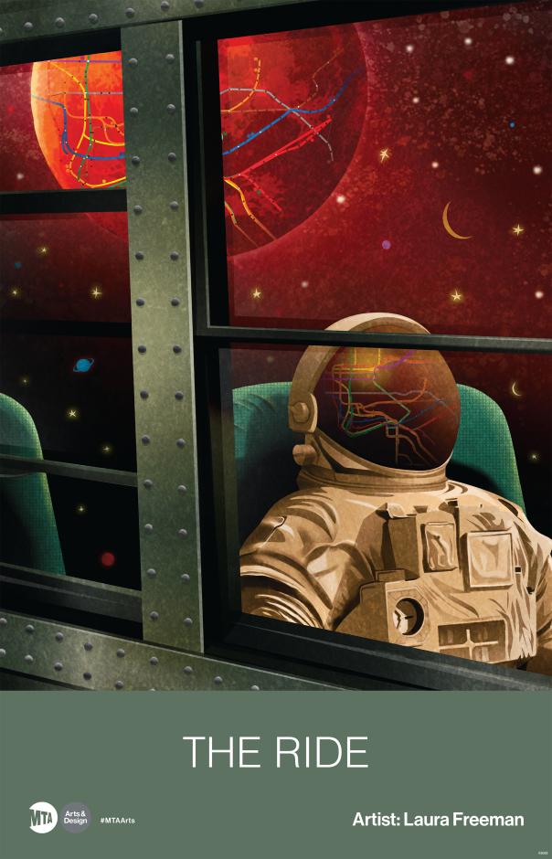 Illustration of an astronaut with subway lines appearing on the planet behind.