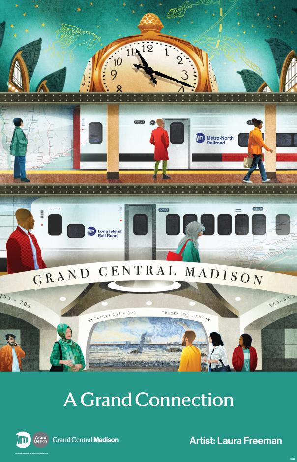 Illustration of figures moving through the Grand Central Madison terminal