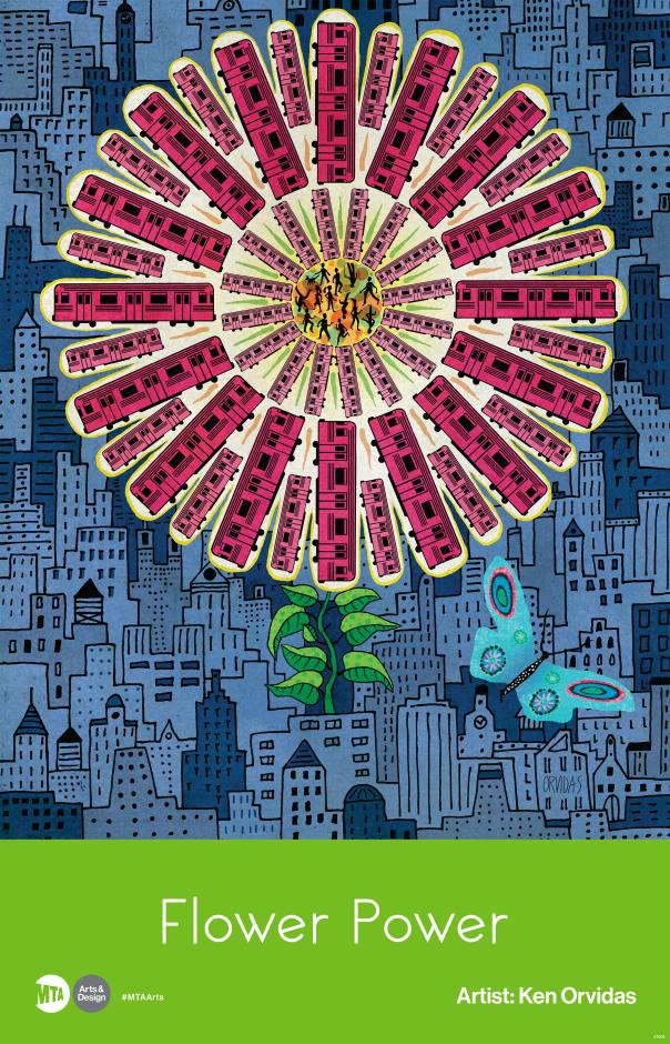 Illustration of a flower made out of subway cars with a butterfly and buildings in the background.