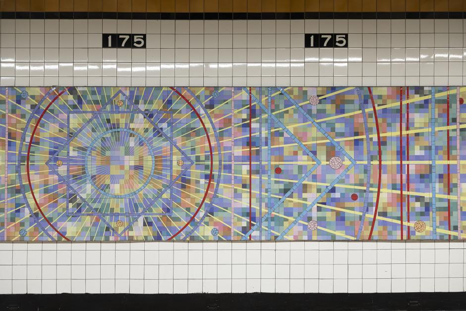 Abstract and colorful mosaic and tile artwork in a station. 