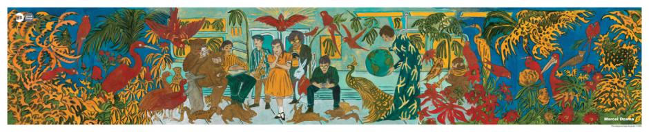 Graphic artwork featuring people and birds in a subway car.