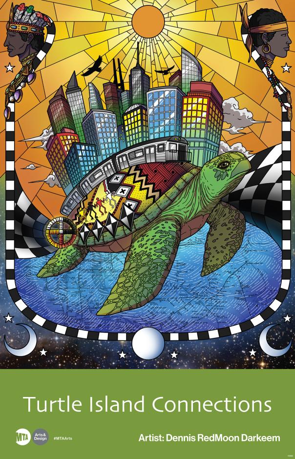 Poster with artwork featuring a turtle with New York buildings emerging from its shell. 