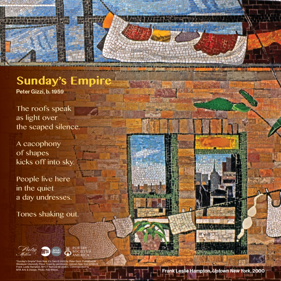 Poster with poem text on top of an image of a mosaic artwork.