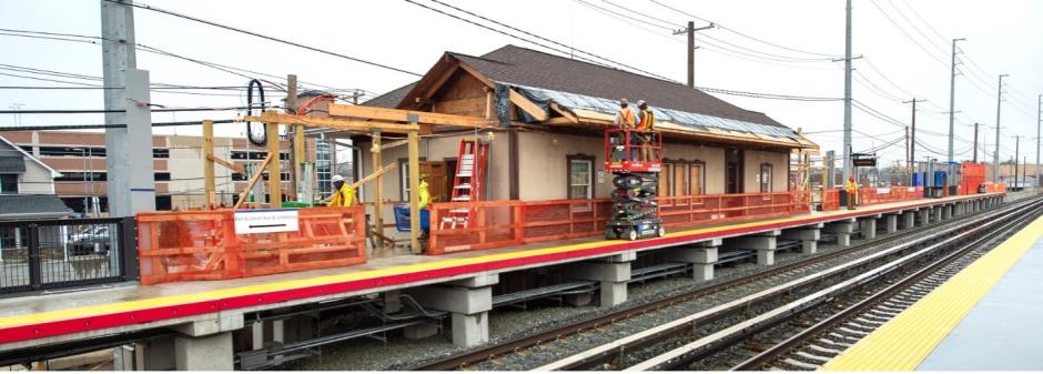 Platform and station building construction at a railroad station