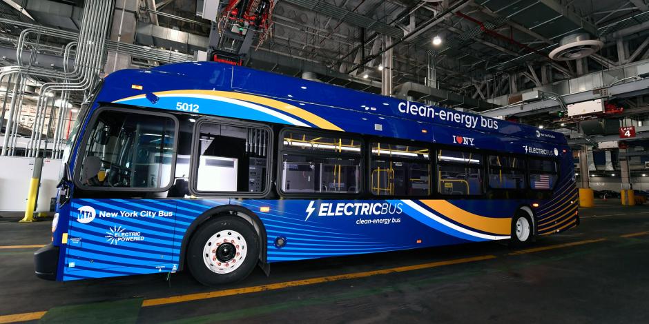 An electric bus in a bus depot